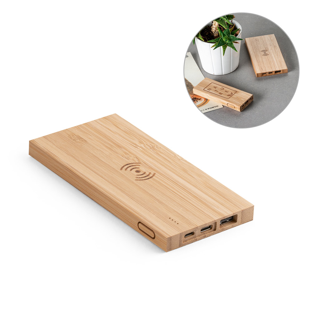Bateria portátil com carregador por indução (wireless) super-rápido em bambu (5.000 mAh)