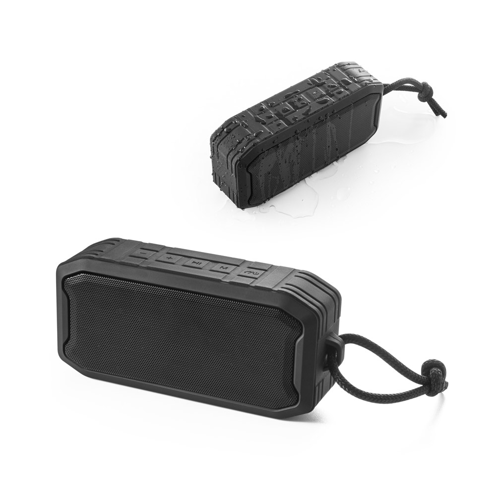 Caixa de som portátil à prova de água (IPX7) com autonomia de 9h (1.200 mAh), em ABS 100% reciclado
