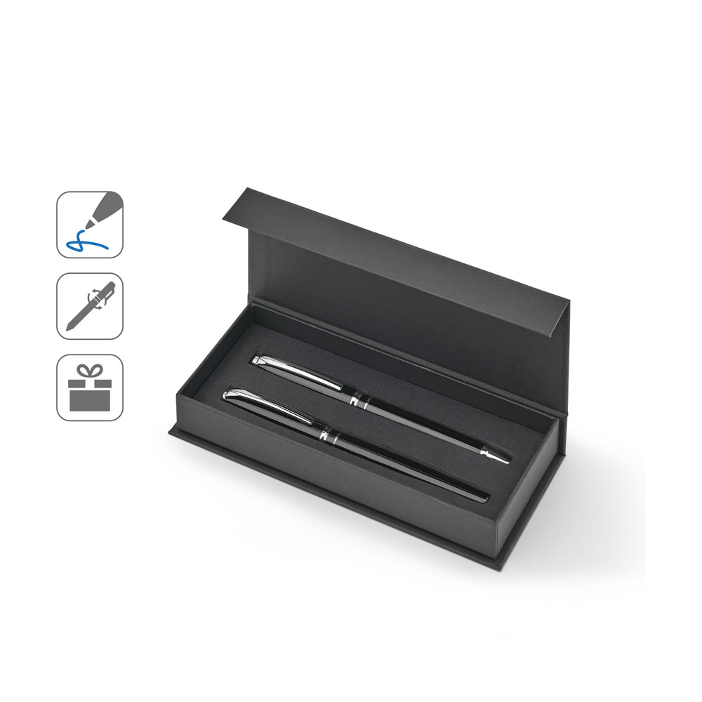 Set premium composto por 1 caneta esferográfica e 1 caneta roller em cobre e aço inox, com escrita em azul