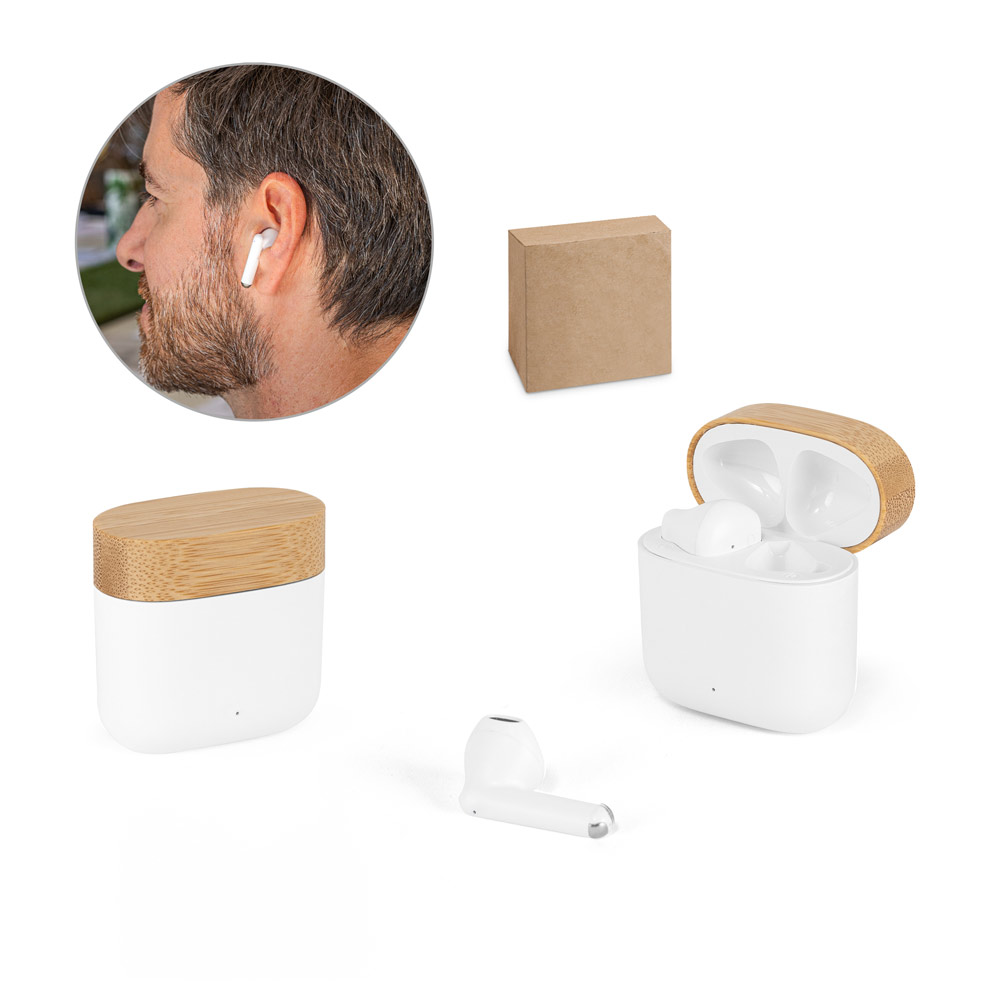 Fones de ouvido wireless com autonomia de 5h (300 mAh), em ABS 100% reciclado e bambu