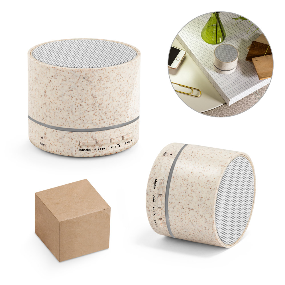 Caixa de som portátil com microfone e autonomia de 4h30 (400 mAh), em fibra de palha de trigo e ABS 100% reciclado
