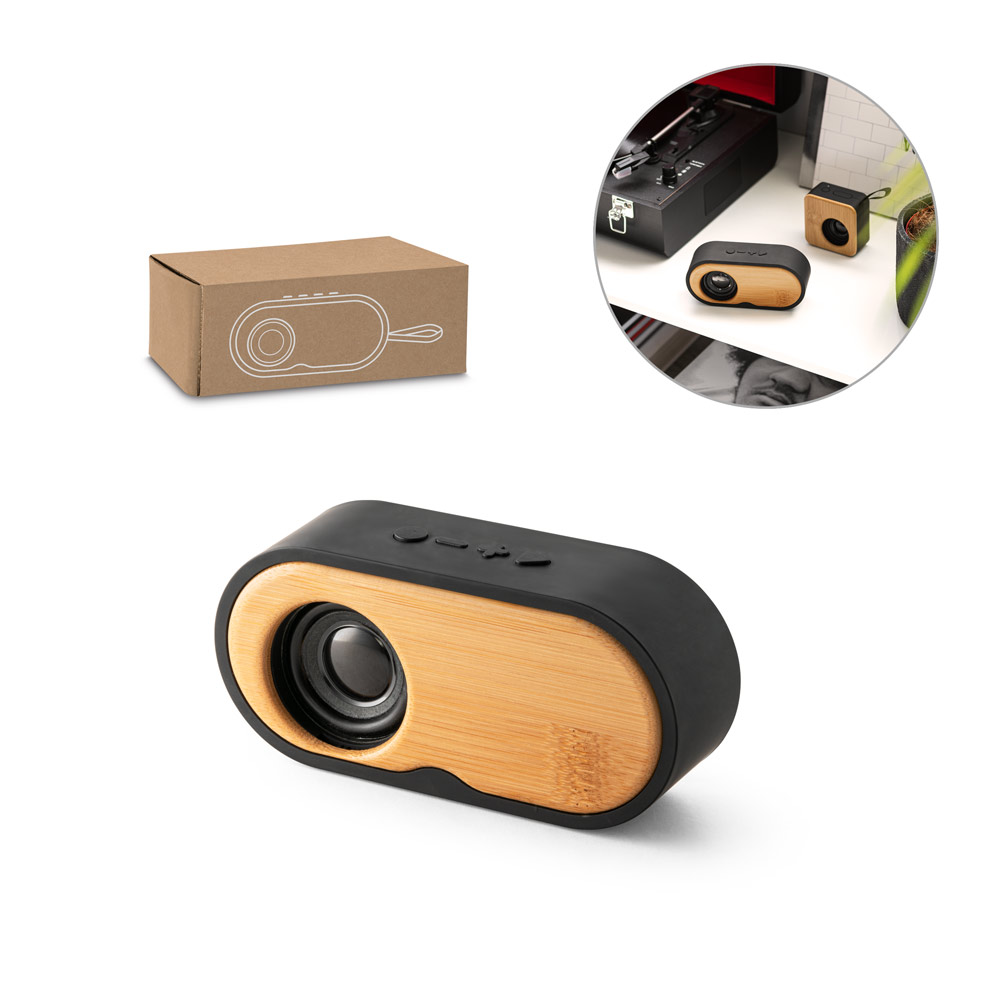 Caixa de som portátil com autonomia de 5h (1.200 mAh), em bambu e ABS 100% reciclado