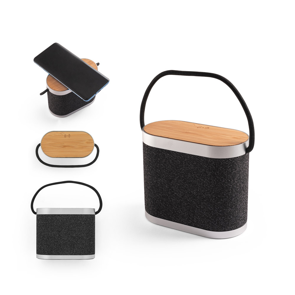 Caixa de som de 5W com carregador por indução super-rápido e autonomia de 2h (1.200 mAh), em bambu e PET 100% reciclado