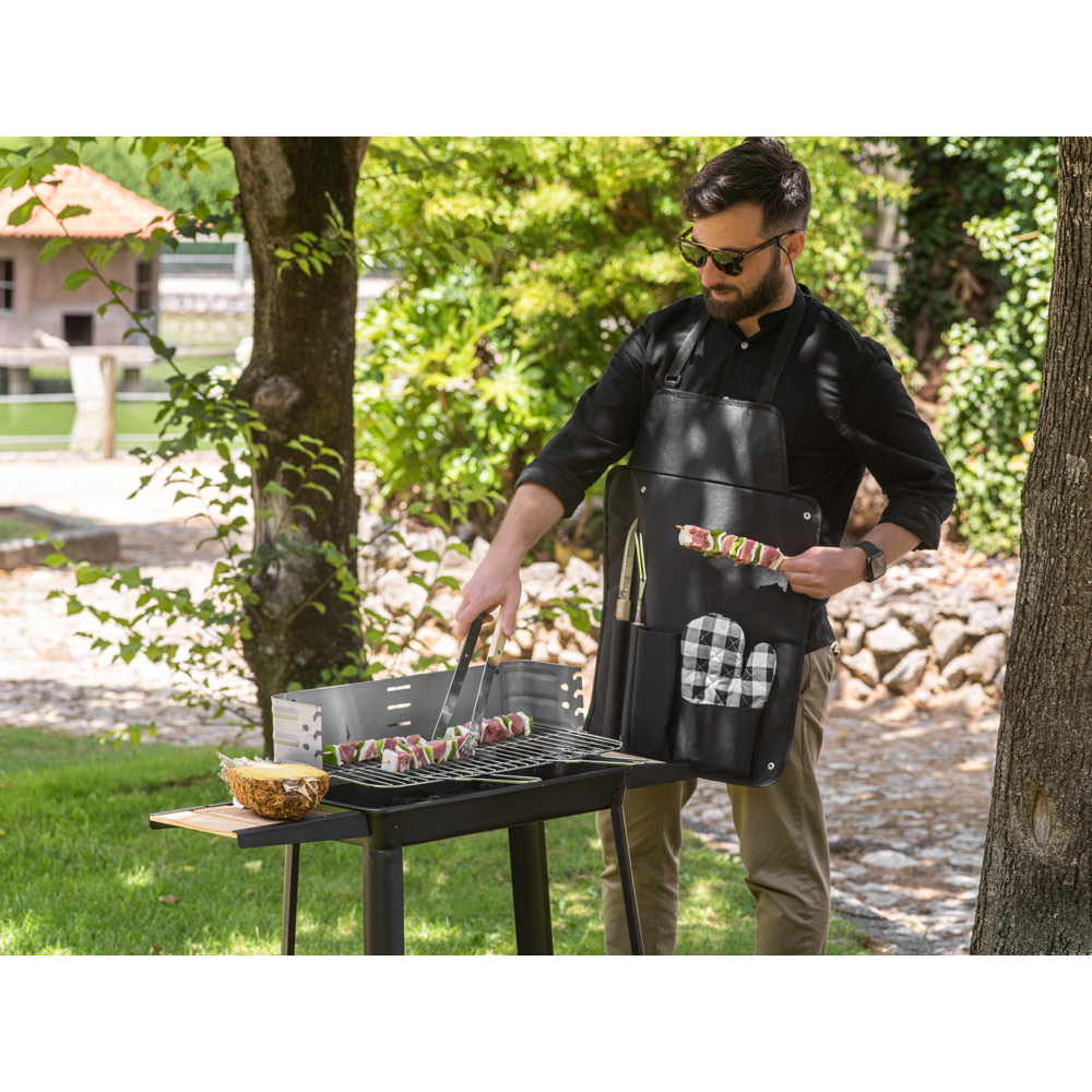 Kit churrasco com 3 utensílios em aço inox e madeira de Seringueira e luva