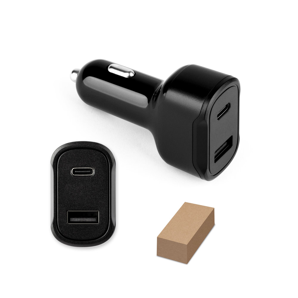 Adaptador de isqueiro com porta USB-A 18W e USB-C 20W em ABS 100% reciclado