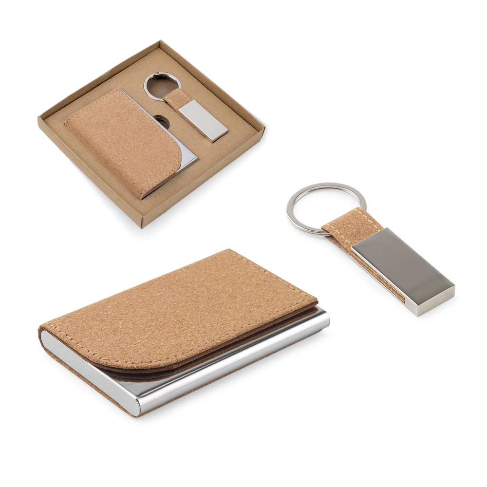 Conjunto composto por um porta-cartões e chaveiro, ambos em metal e cortiça